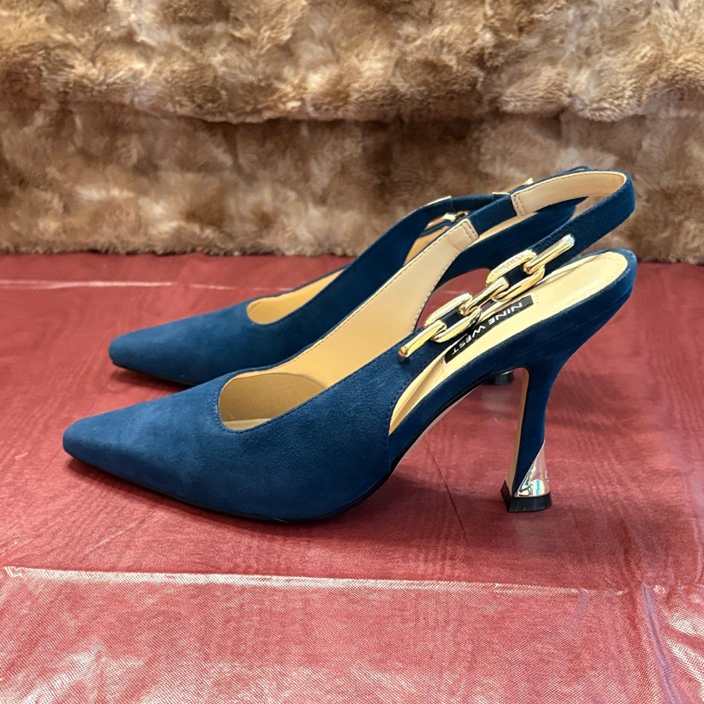 Nine West Teal Blue Suede Slingback Pointed-Toe Pumps - Picture 2 of 7
